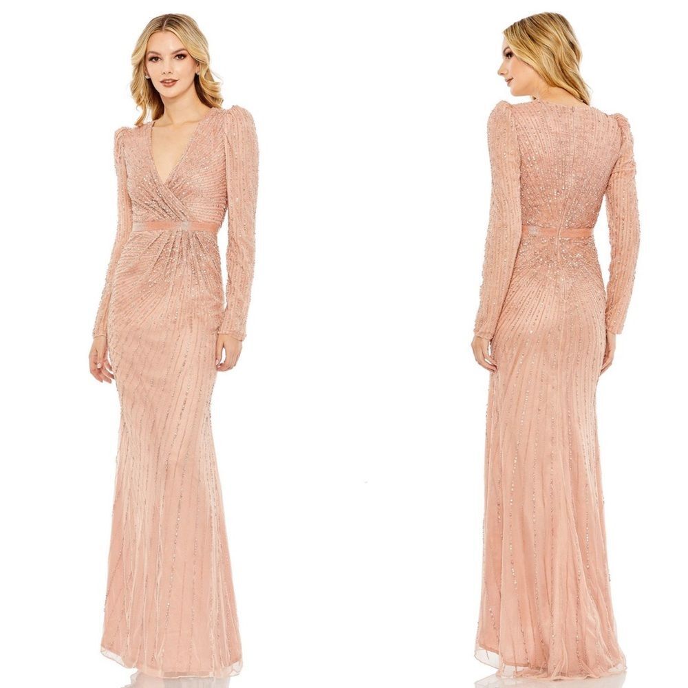 Mac Duggal 5715 Sequin Wrap-Over Long-Sleeve Embellished Gown, Rose, Size 10